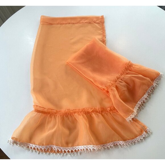 Vintage 70s curtains, orange sheer ruffled panels with cream lace, as a pair - Picture 6 of 10